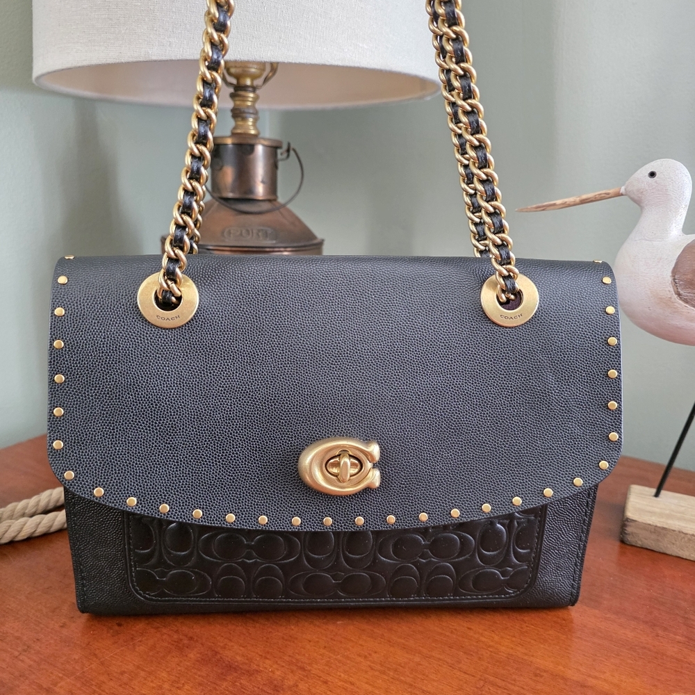 Coach 53344 Parker Rivets Genuine Snakeskin Black Leather Chain Shoulder Bag
